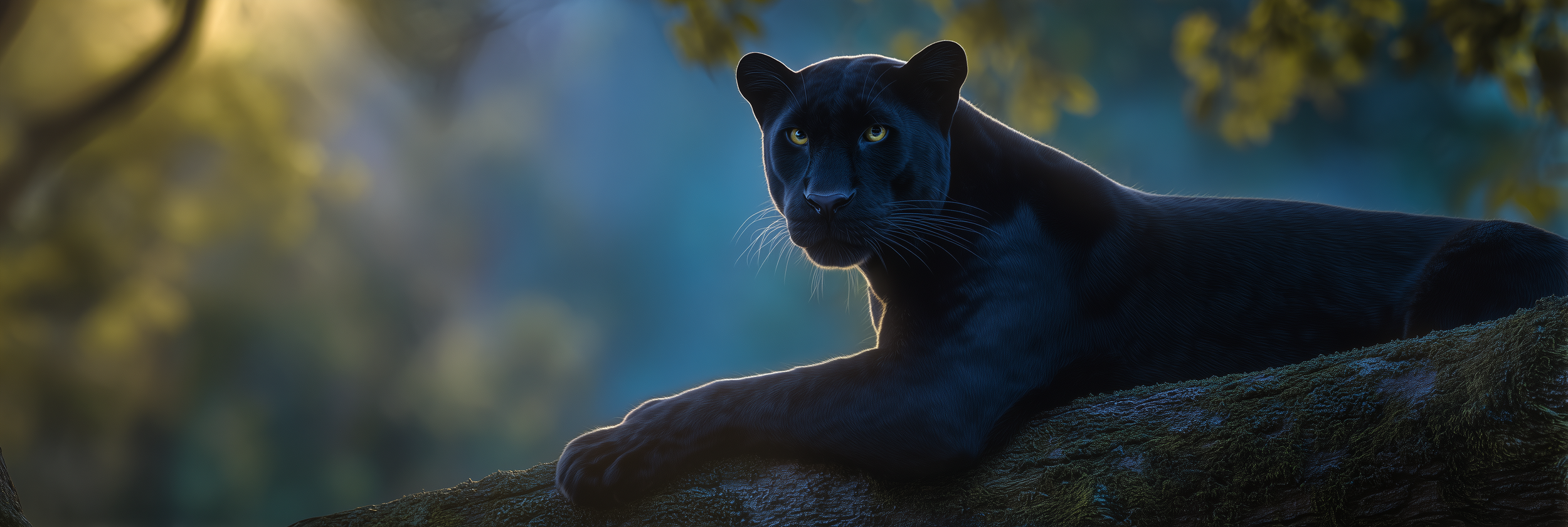 A black panther lying on a moss-covered tree branch in a forest with blurred foliage background.
