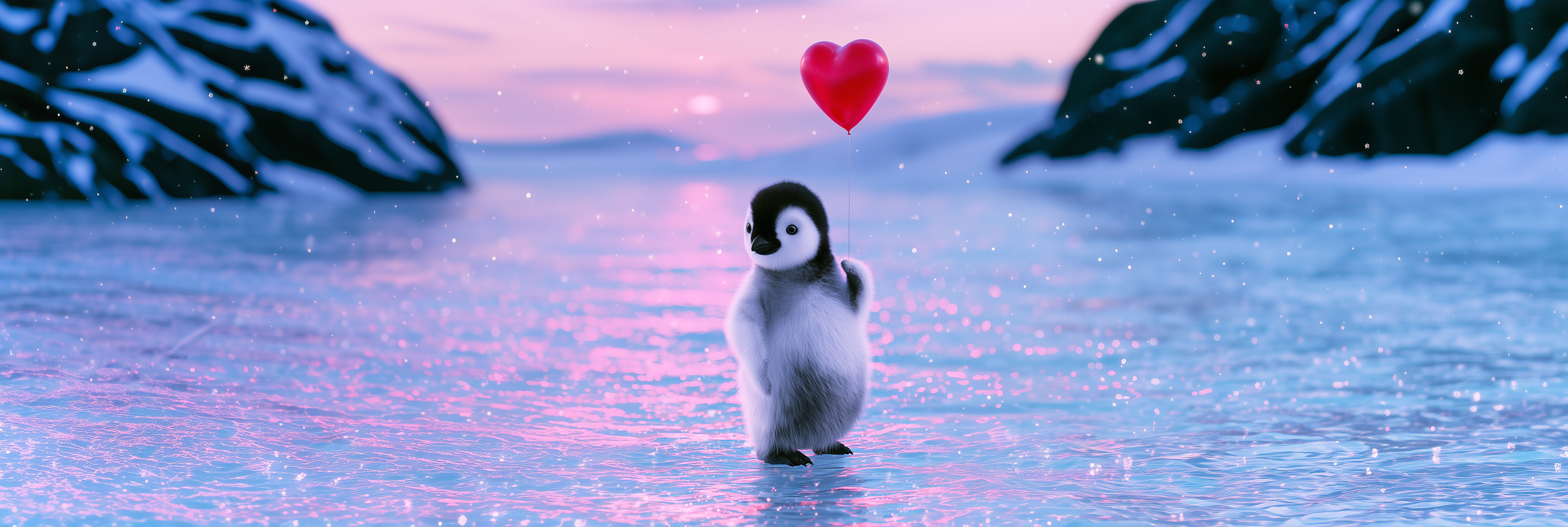 A cute penguin holding a red heart-shaped balloon in a icy landscape with snow, ice, and glacier formations, and a sunset sky with pink and purple hues.