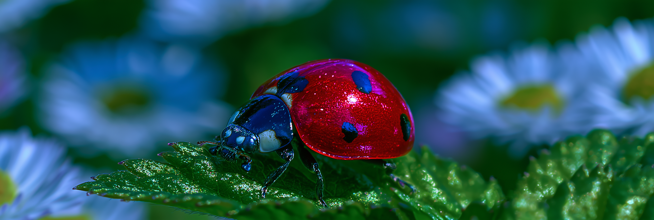 Close-up of a red ladybug with black spots on a green leaf.