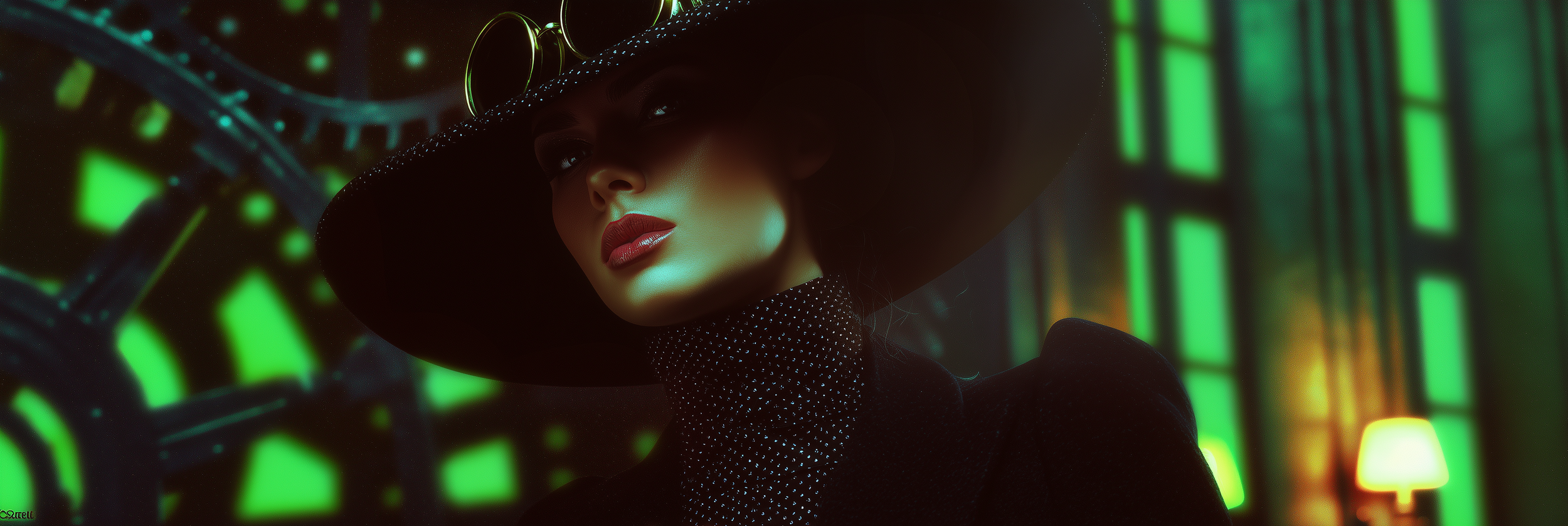 A woman in a large black hat with a wide brim and a dotted band, in a room with green neon lights. The lighting creates shadows on her face, highlighting her red lips and eyeliner.