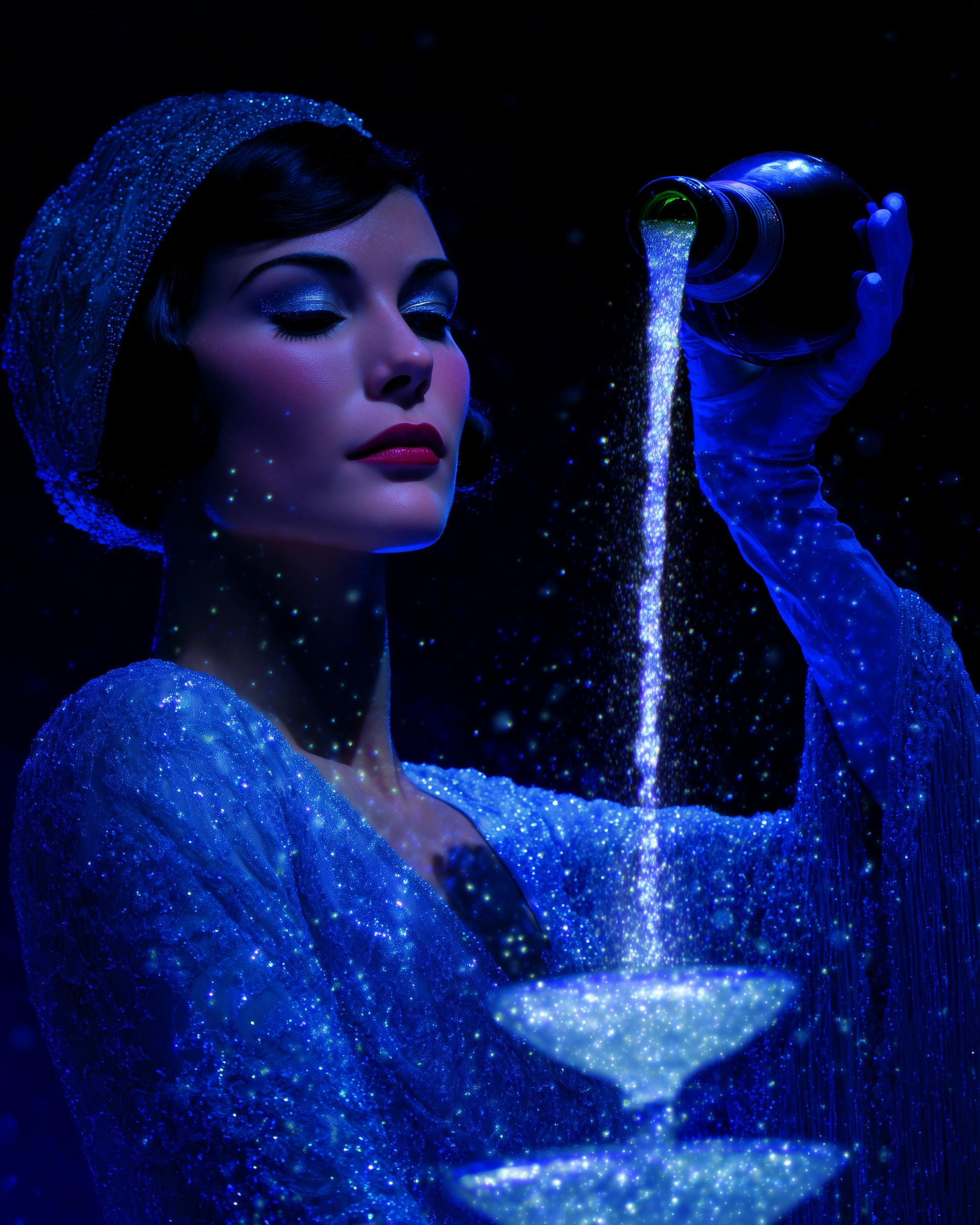 A woman with dark hair and makeup, wearing a sparkly blue headscarf and dress, is pouring digital glitter from a bottle into a glass, creating a starry effect.