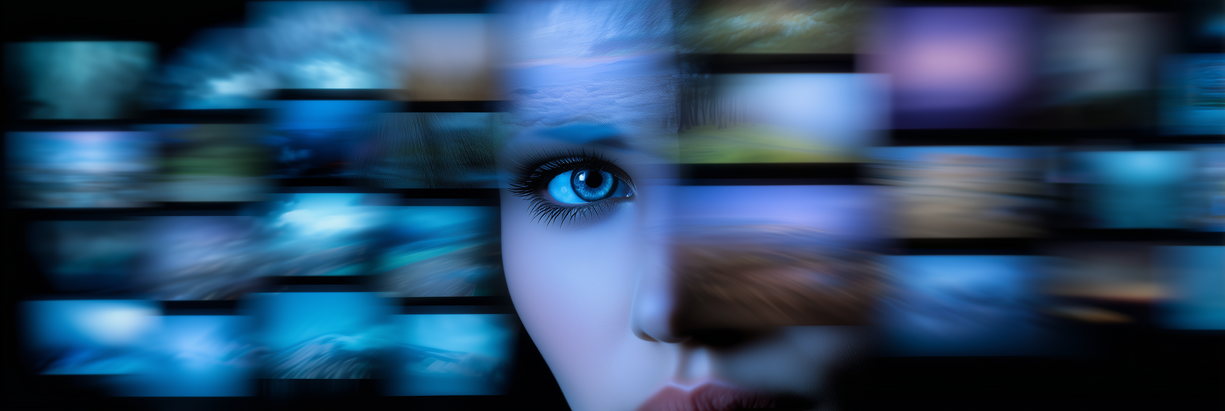 A digital artwork of a woman's face with striking blue eyes, surrounded by a blurry, abstract background of various shades of blue and green.
