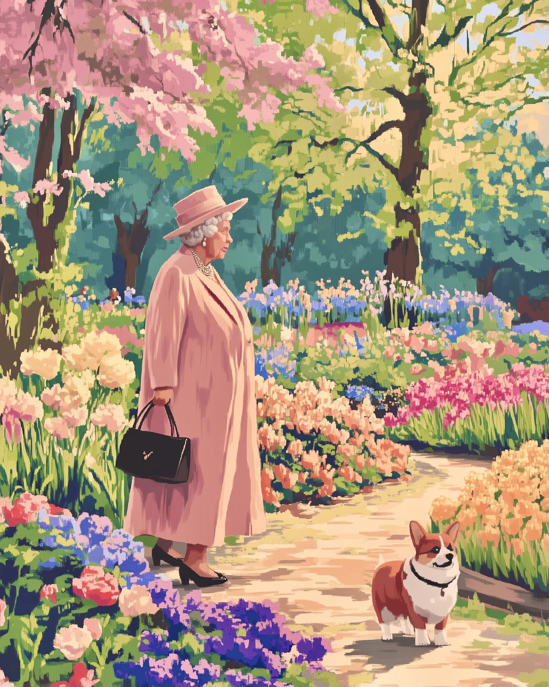 An elderly woman dressed in a long pink coat, wearing a pink hat, pearl necklace, and black shoes, walking a small brown and white dog along a path surrounded by colorful flowers and trees in bloom during spring.