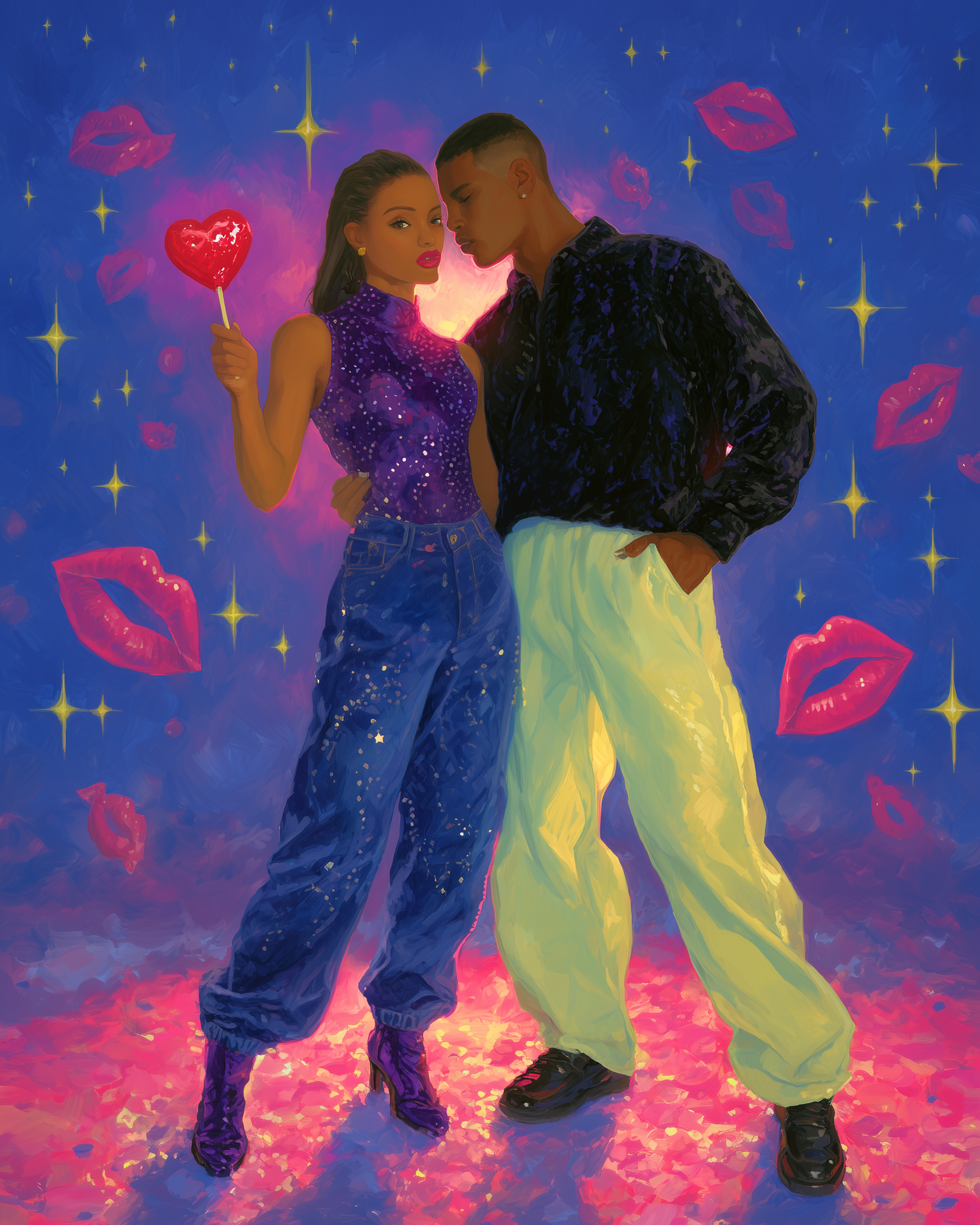 A digital painting of a woman and a man standing close, with the woman holding a heart-shaped lollipop, set against a colorful, dreamy background with stars, lips, and sparkles.