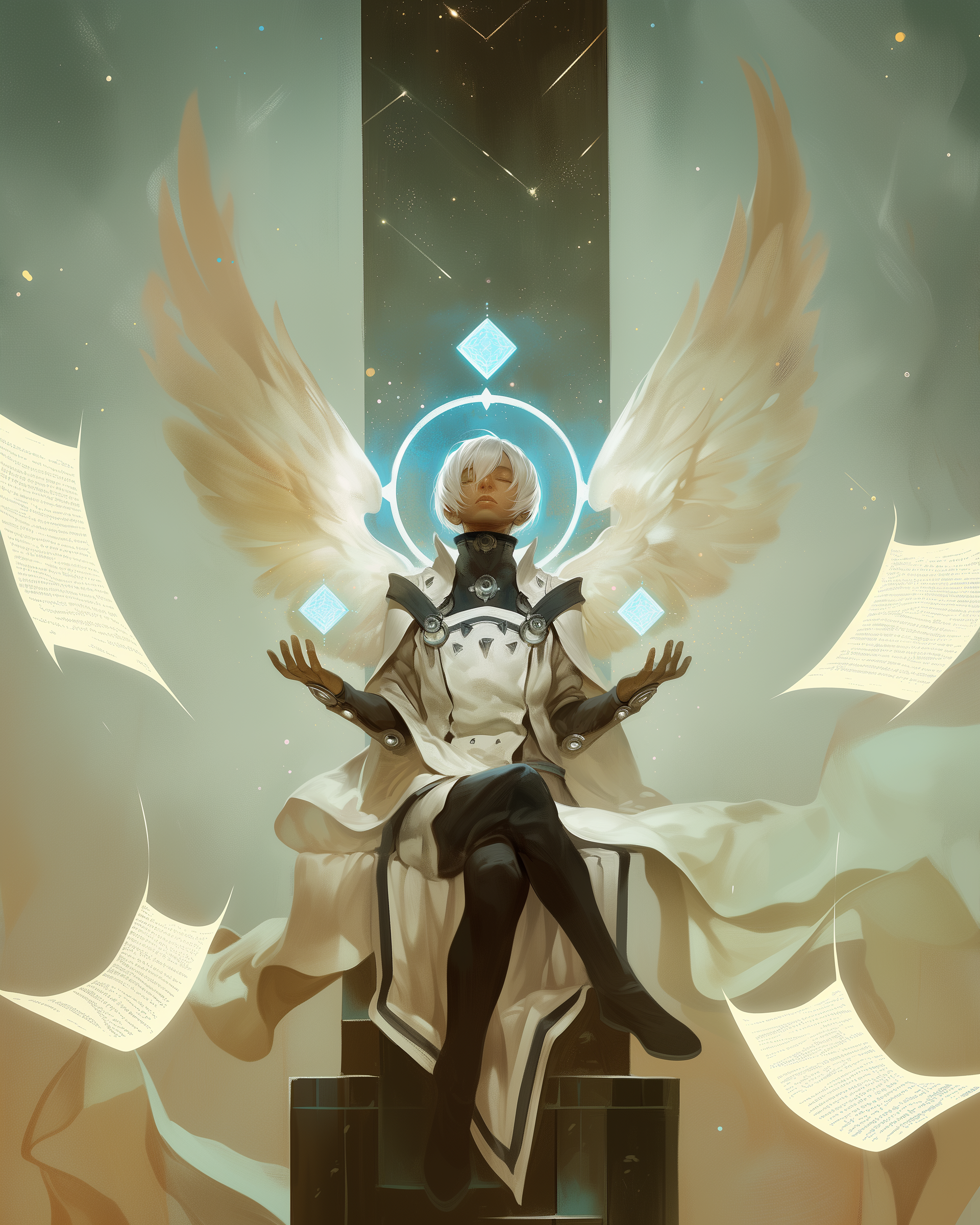 A fictional character with short blond hair, wearing a white cloak and black gloves, with large angelic wings, sitting cross-legged in a meditative pose surrounded by floating papers and glowing symbols against a cosmic background.