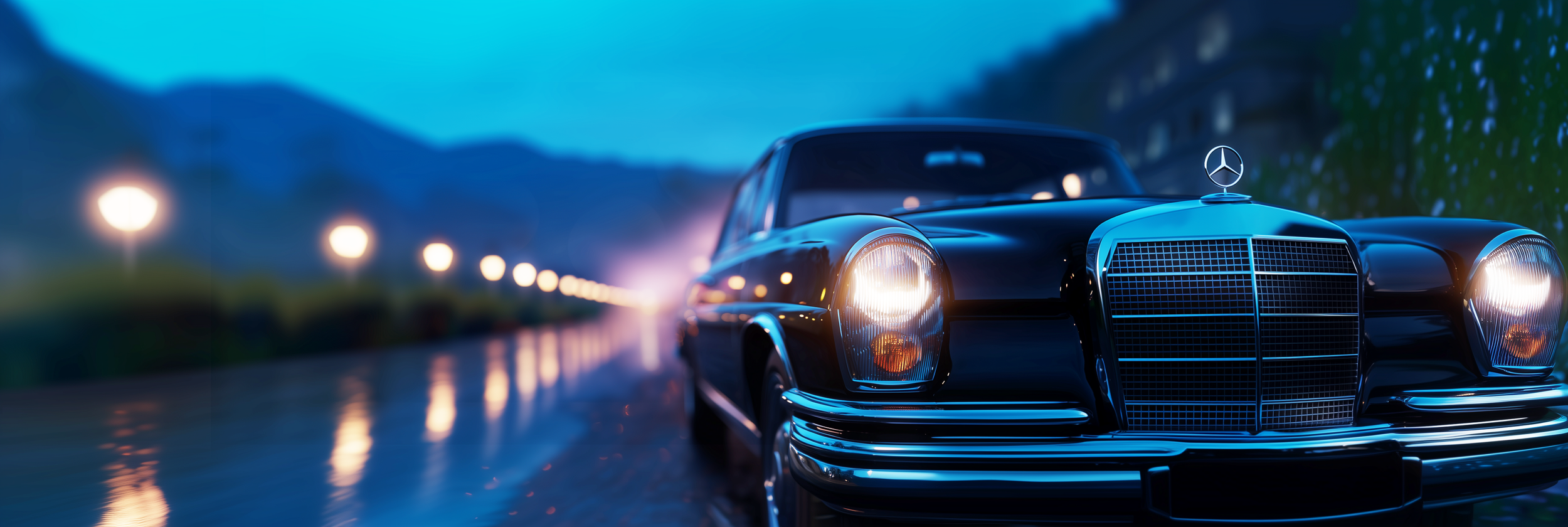 A classic black Mercedes-Benz car parked on a wet road at dusk with mountains and streetlights in the background.