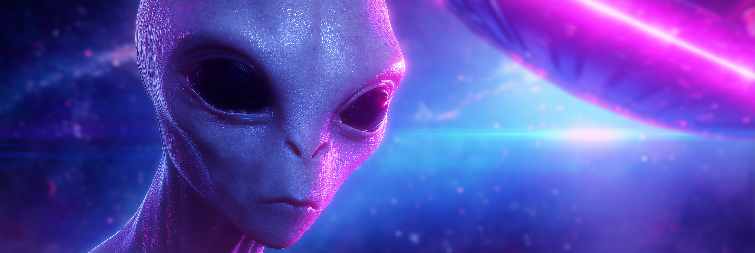 A detailed depiction of an extraterrestrial being with large black eyes and smooth skin, set against a vibrant cosmic background with purple and blue nebulae and light streaks.