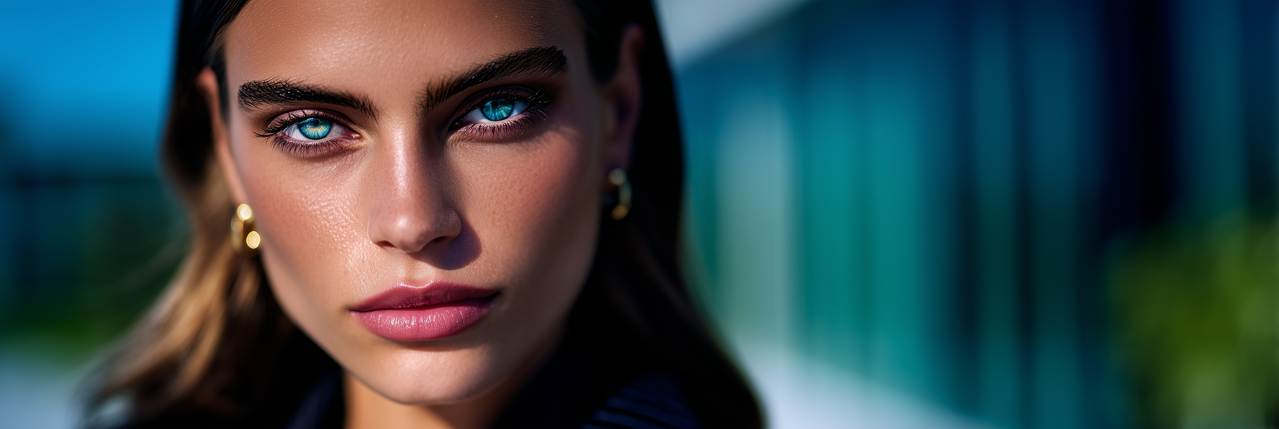 Close-up of a woman with blue eyes, dark eyebrows, and long brown hair, wearing earrings, outdoors with a blurred blue and green background.