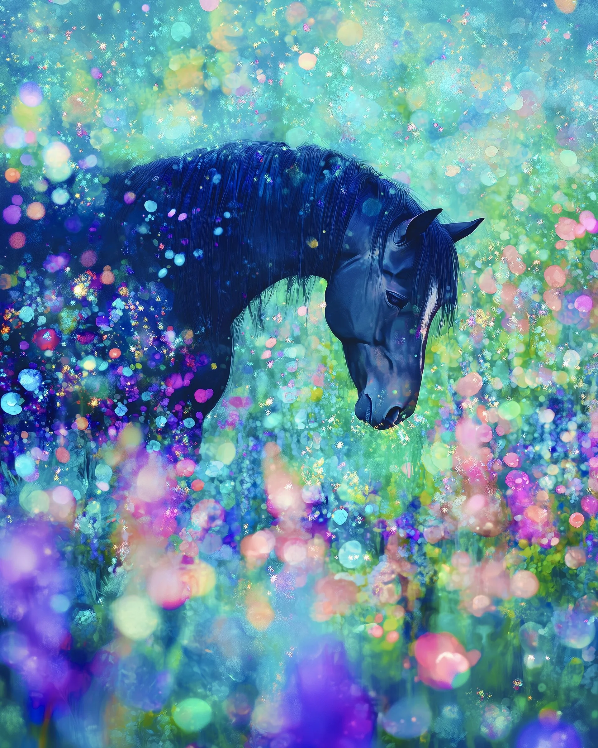 A blue horse surrounded by colorful, glowing, blurry lights and sparkles.