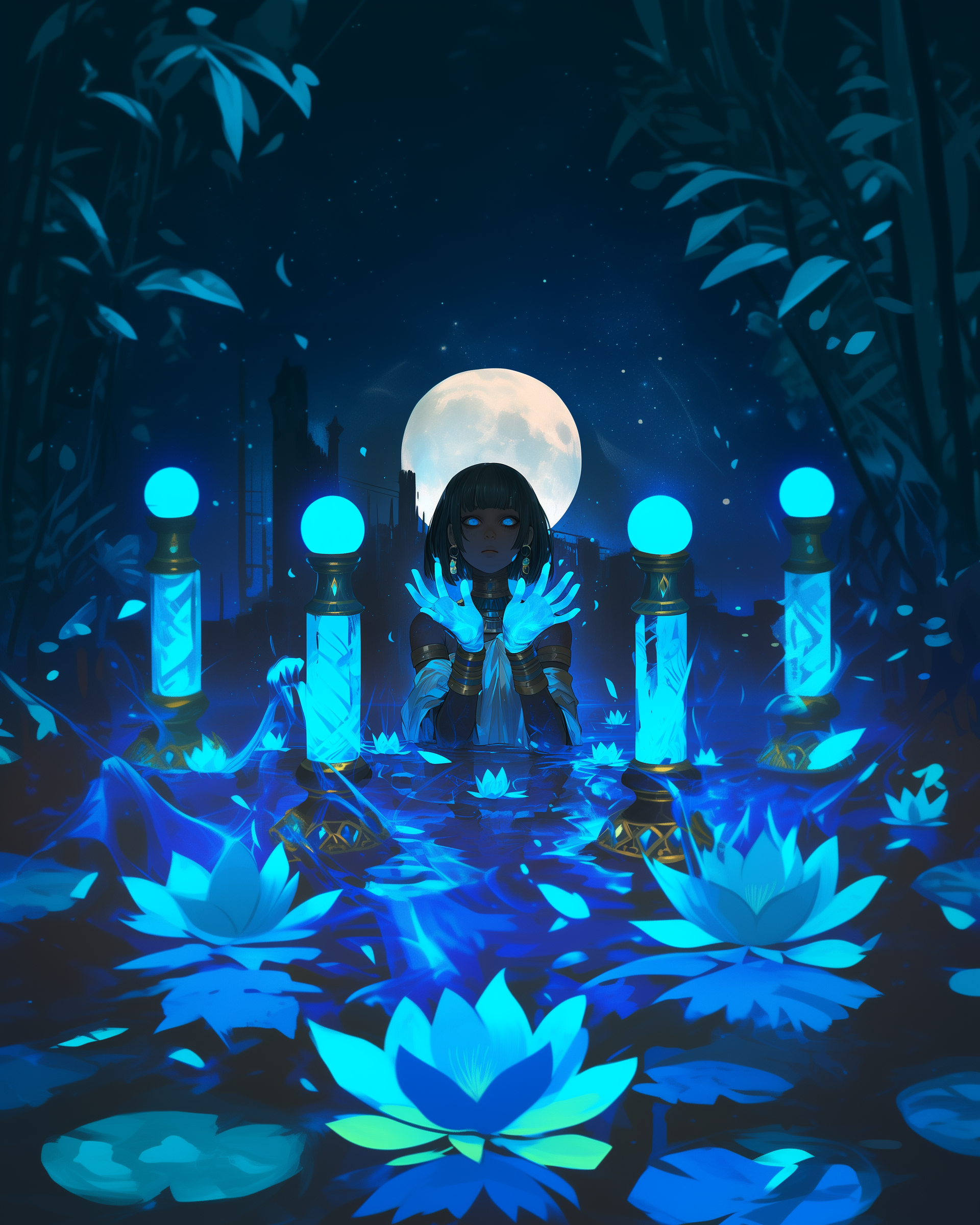A woman with glowing blue hands standing in water surrounded by luminous blue water lilies under a full moon and starry night sky.