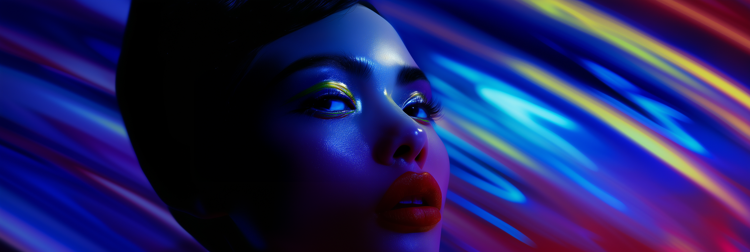 Close-up of a person with vibrant makeup and colorful, glowing background lights.