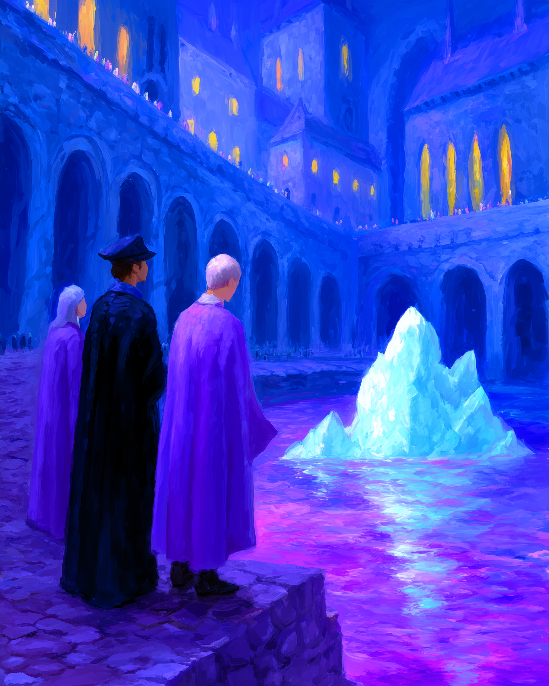 Three wizards in purple robes and one in black robes with a hat, standing by an icy pond with an iceberg, in front of a large castle with glowing windows, painted in a fantasy style with vibrant purple and blue tones.