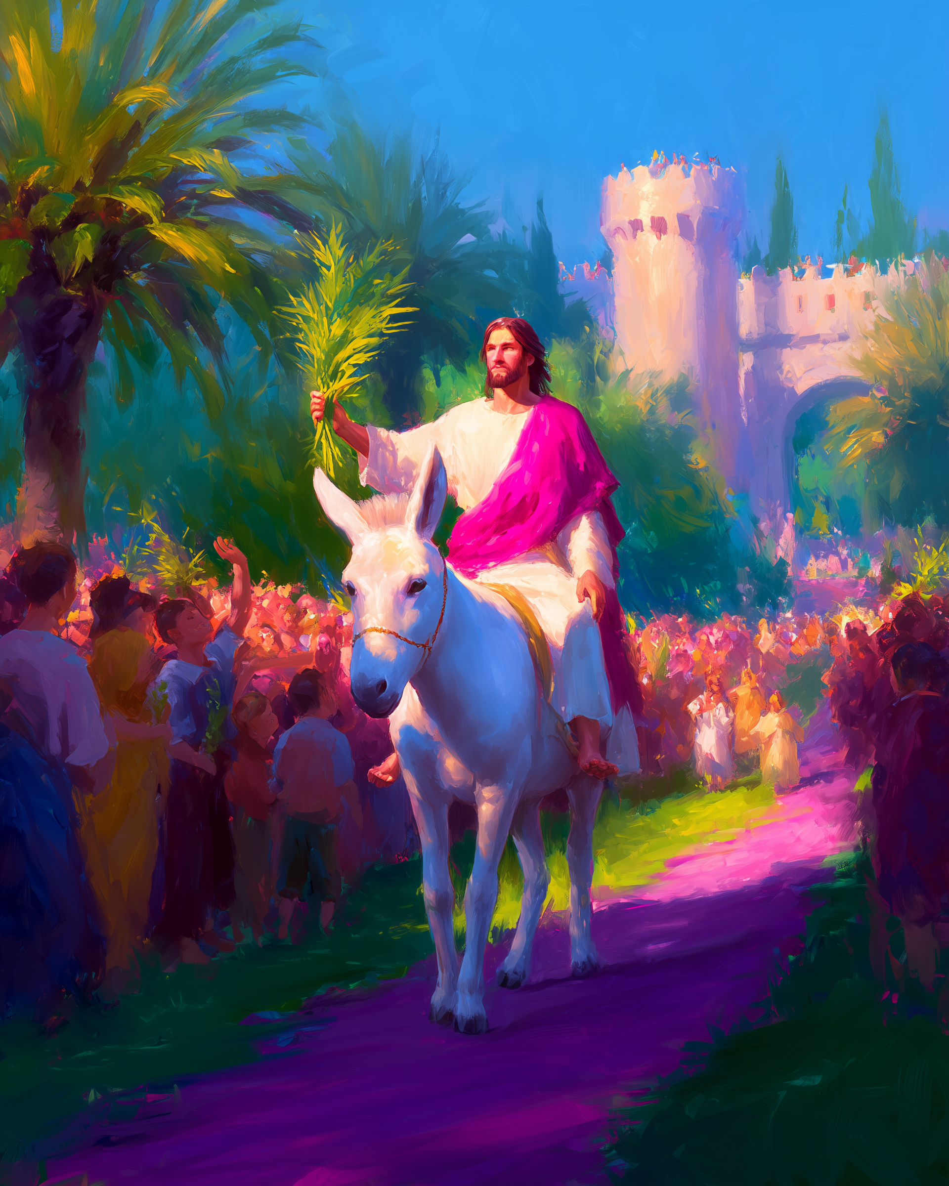 A religious scene depicting Jesus Christ riding a white donkey, holding a palm branch, with a castle in the background and a crowd of people gathered around on a bright day.