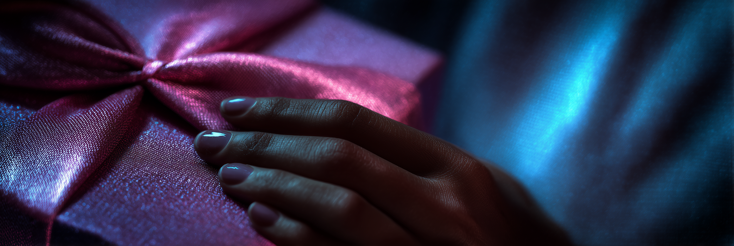 Close-up of a hand with manicured nails touching a satin pink gift box wrapped with a pink ribbon, with blue and pink lighting creating a vibrant scene.