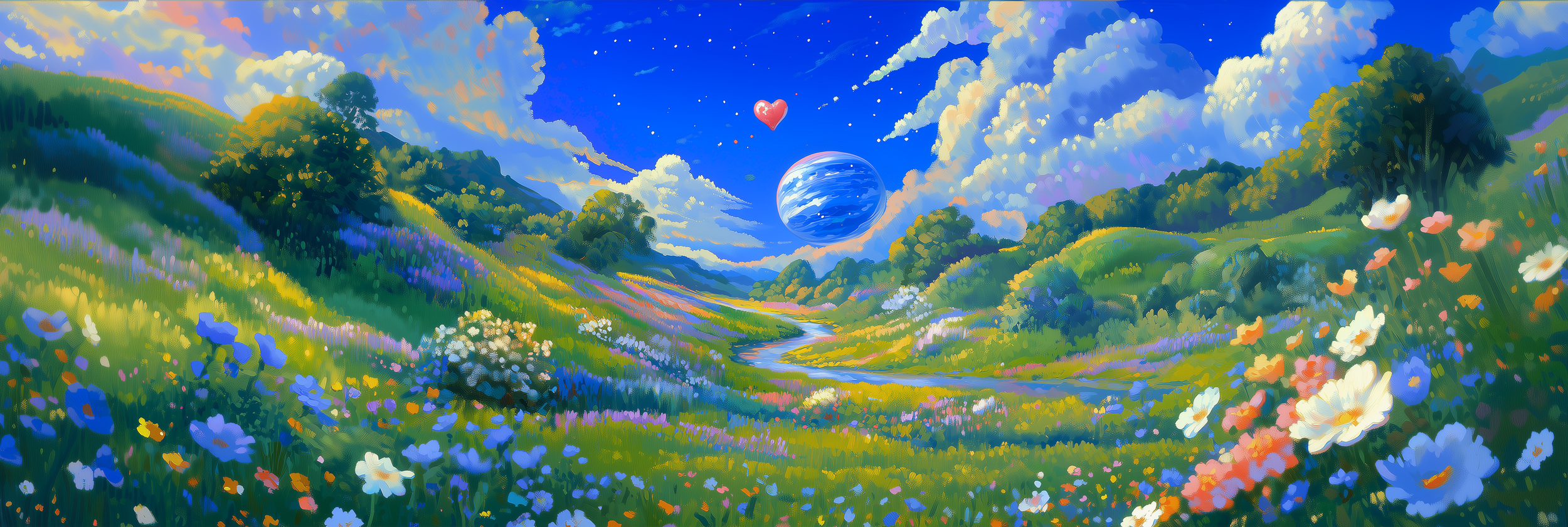 Colorful digital painting of a lush, green valley filled with various flowers. A river flows through the valley, with hills and trees on either side. The sky is bright blue with fluffy clouds, and a large blue planet and a floating heart-shaped ballo