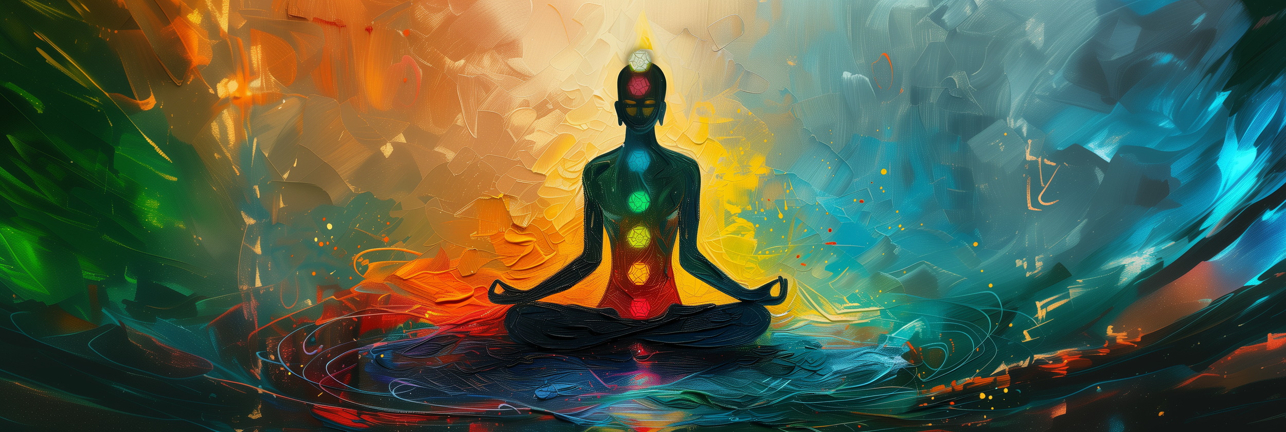 Abstract painting of a person practicing meditation, with chakras depicted on their body, surrounded by colorful, swirling background.
