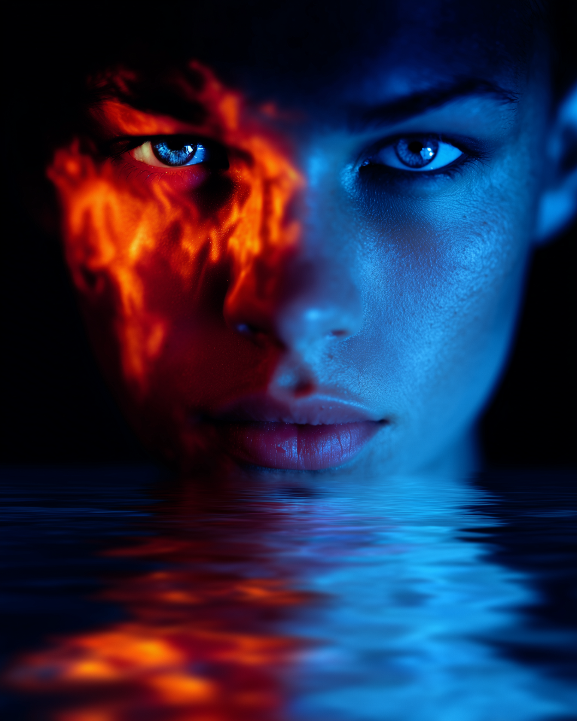 A close-up of a boy's face with one side illuminated by blue light and the other side with orange flames, reflected in water.