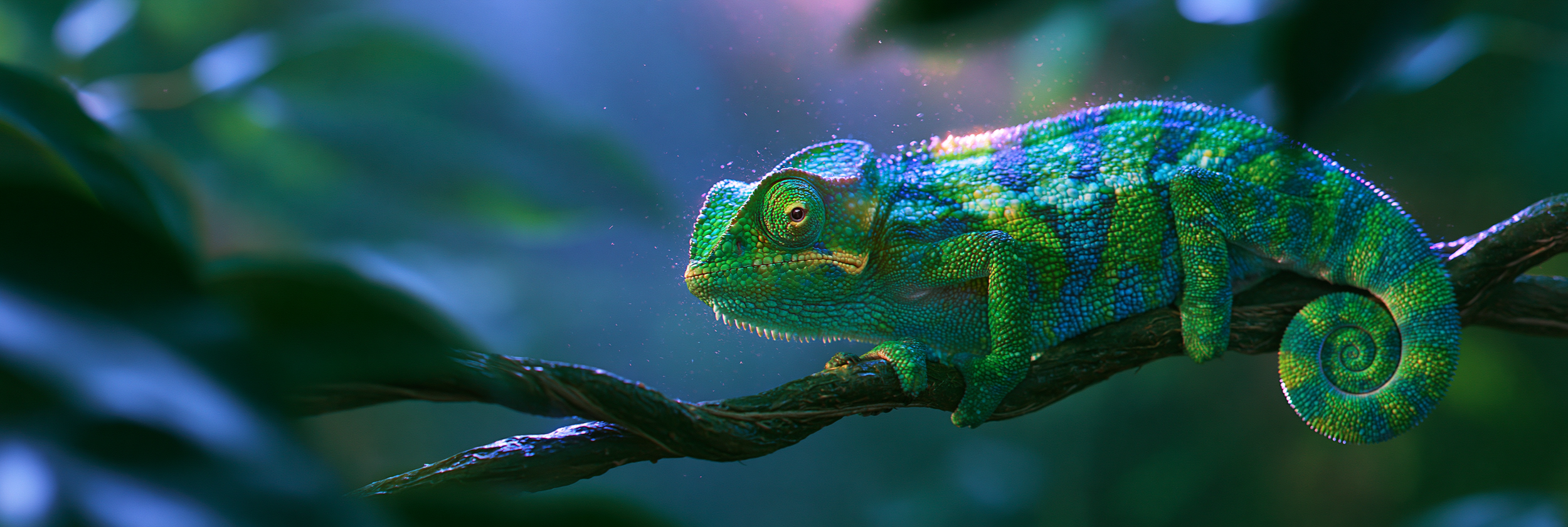 A colorful chameleon perched on a branch in a lush, green environment.