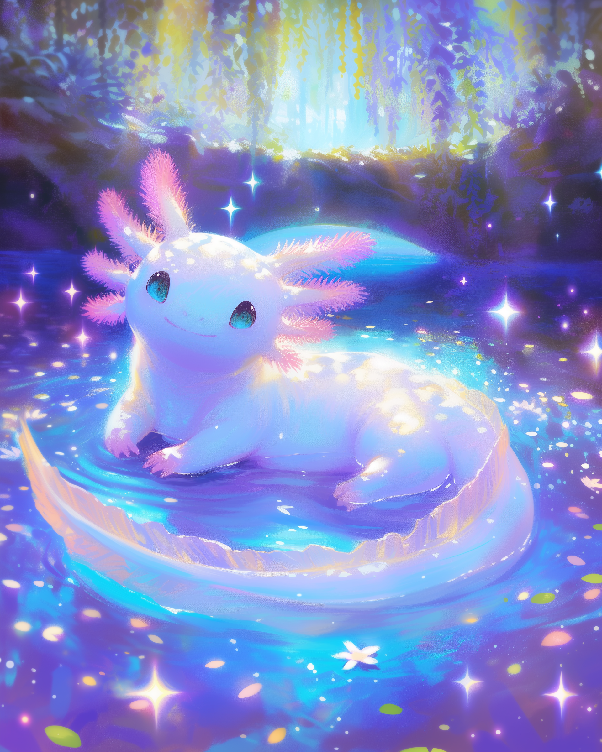 A cute, glowing creature with a round face, large eyes, and pink feathery appendages on its head, sitting in a luminous, colorful water setting with reflections of light and sparkling effects.