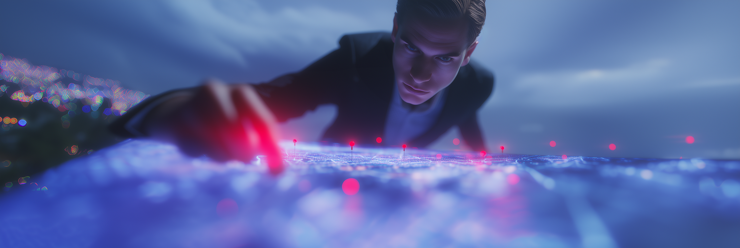 A young man in a suit reaches out in a futuristic scene with a digital world map projected on a surface, illuminated with red and blue lights, under a dark cloudy sky.