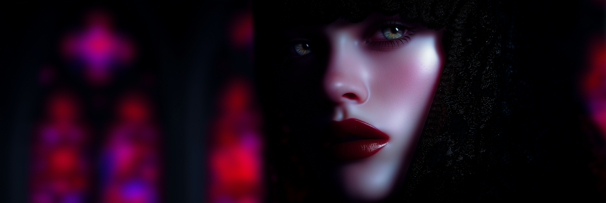 Close-up of a woman's face with striking makeup, illuminated softly, with glowing bokeh lights in the background.