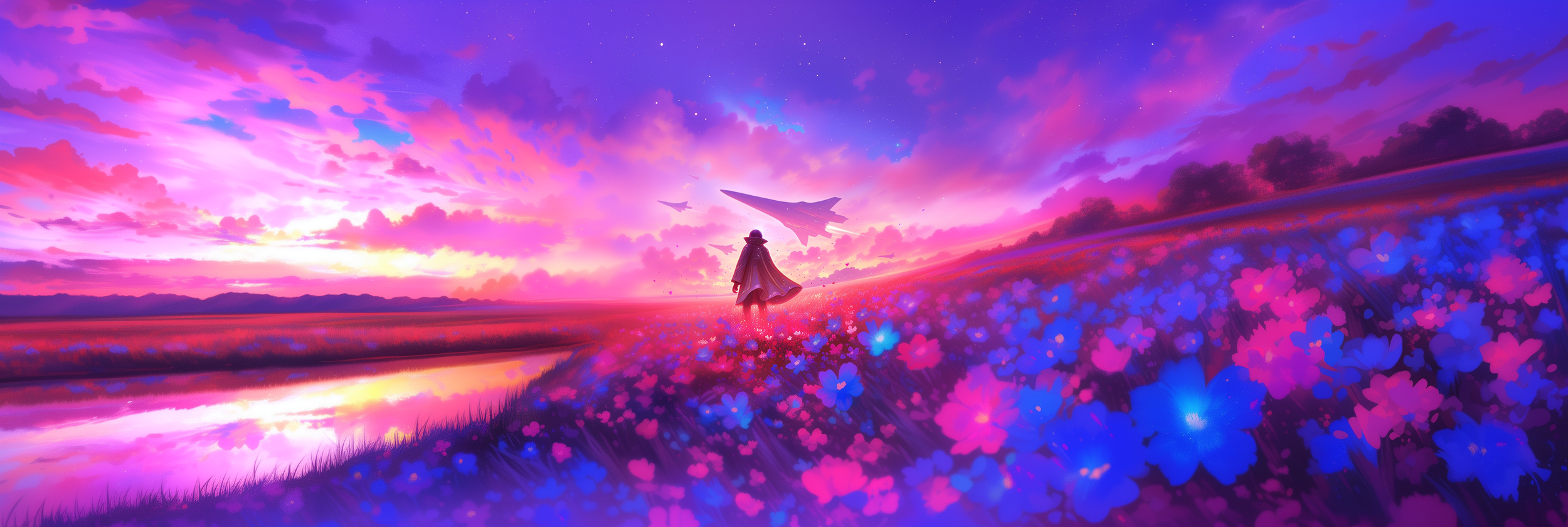 A digital painting of a person walking through a vibrant field of colorful flowers at sunset, with a pink and purple sky, a river, and jets flying in the background.