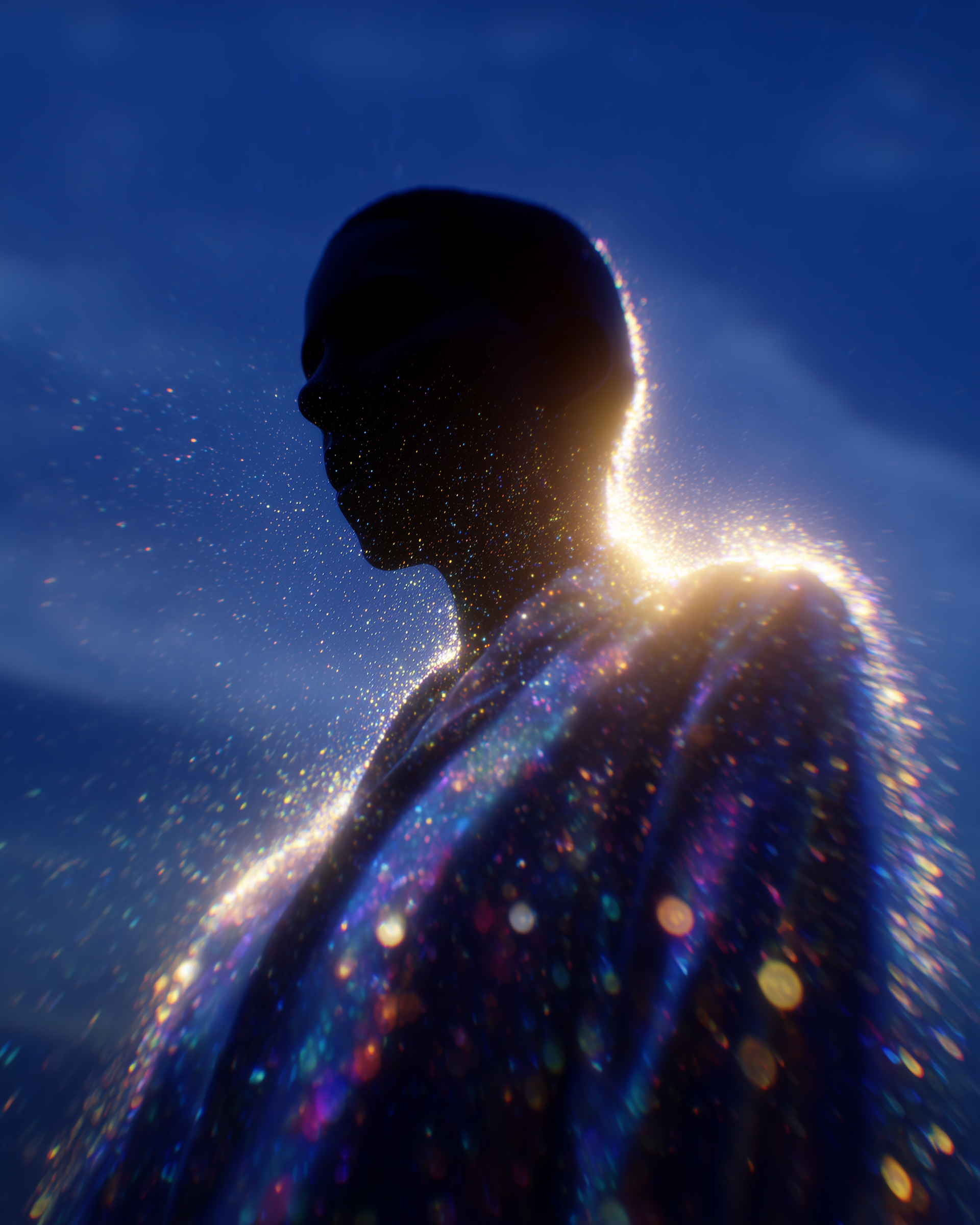 Silhouette of a person's side profile with glittering particles and light effects, set against a dark sky.