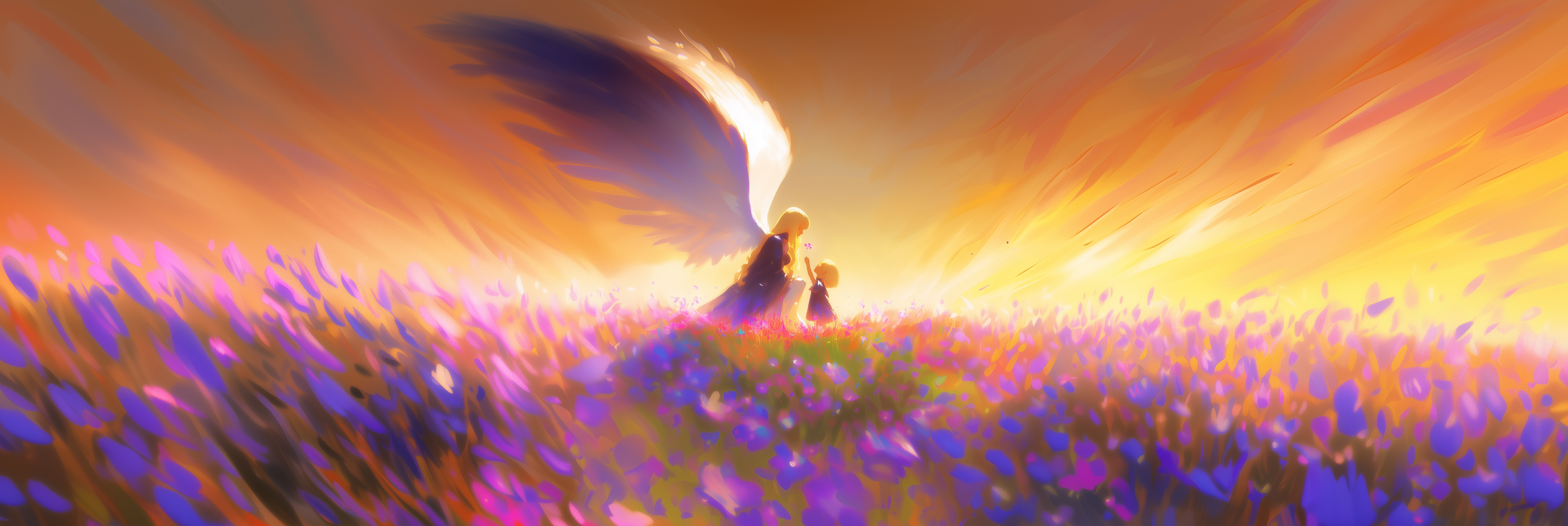 An angel with large wings holding a flower and a child standing in a colorful field of purple flowers during sunset.