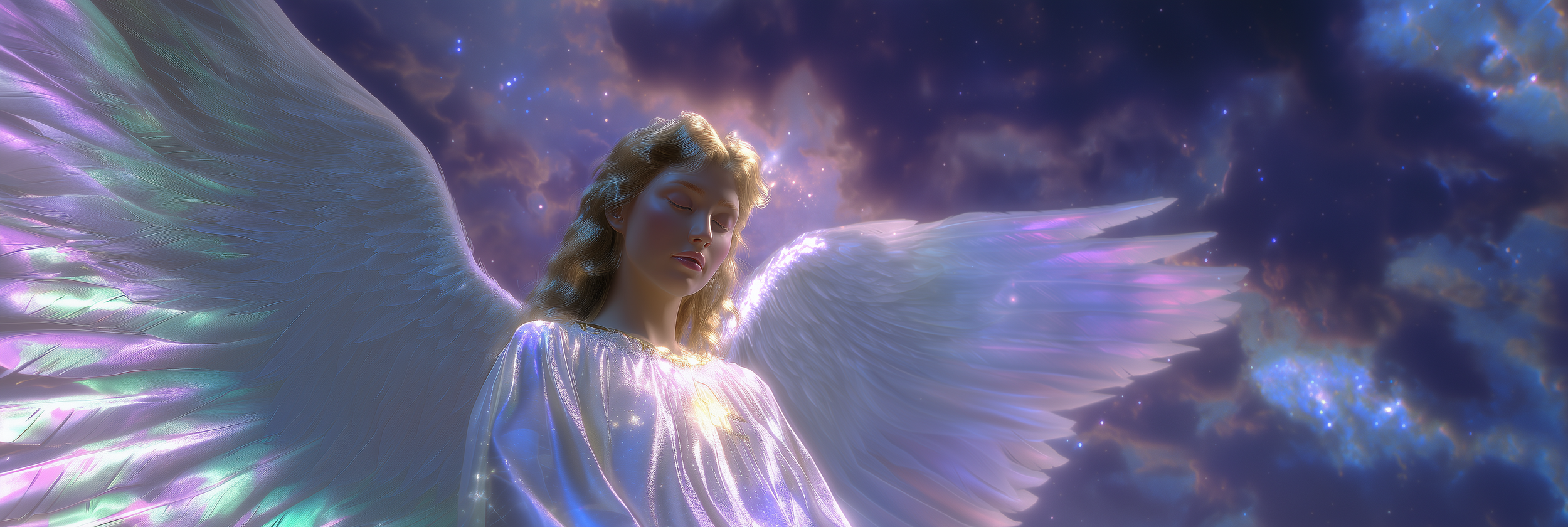 An angel with closed eyes, large iridescent wings, and a shimmery gown, floating in a starry, colorful nebula sky.
