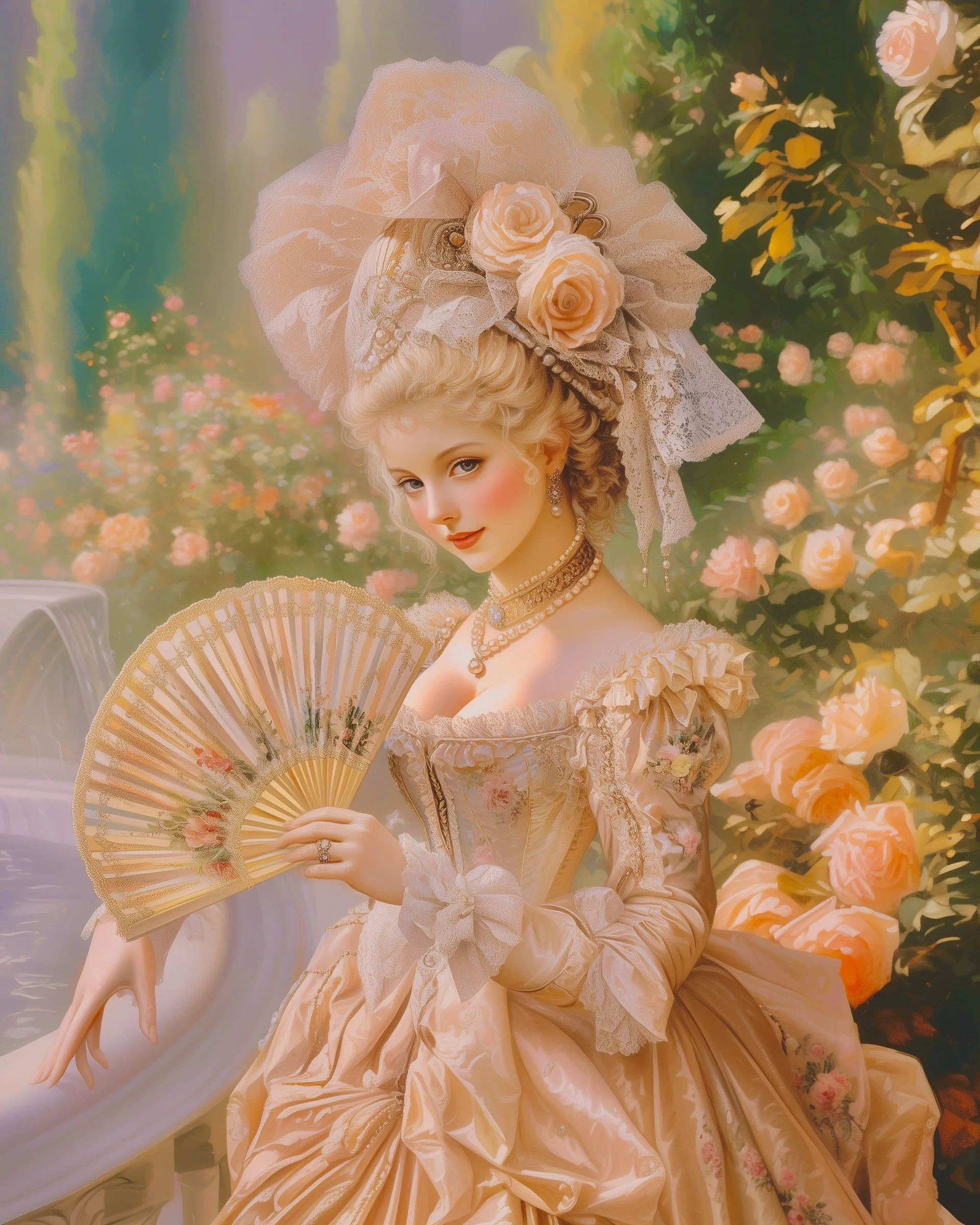 A woman dressed in 18th-century style attire with an elaborate lace headpiece holding a decorative fan, surrounded by a garden of roses and greenery.