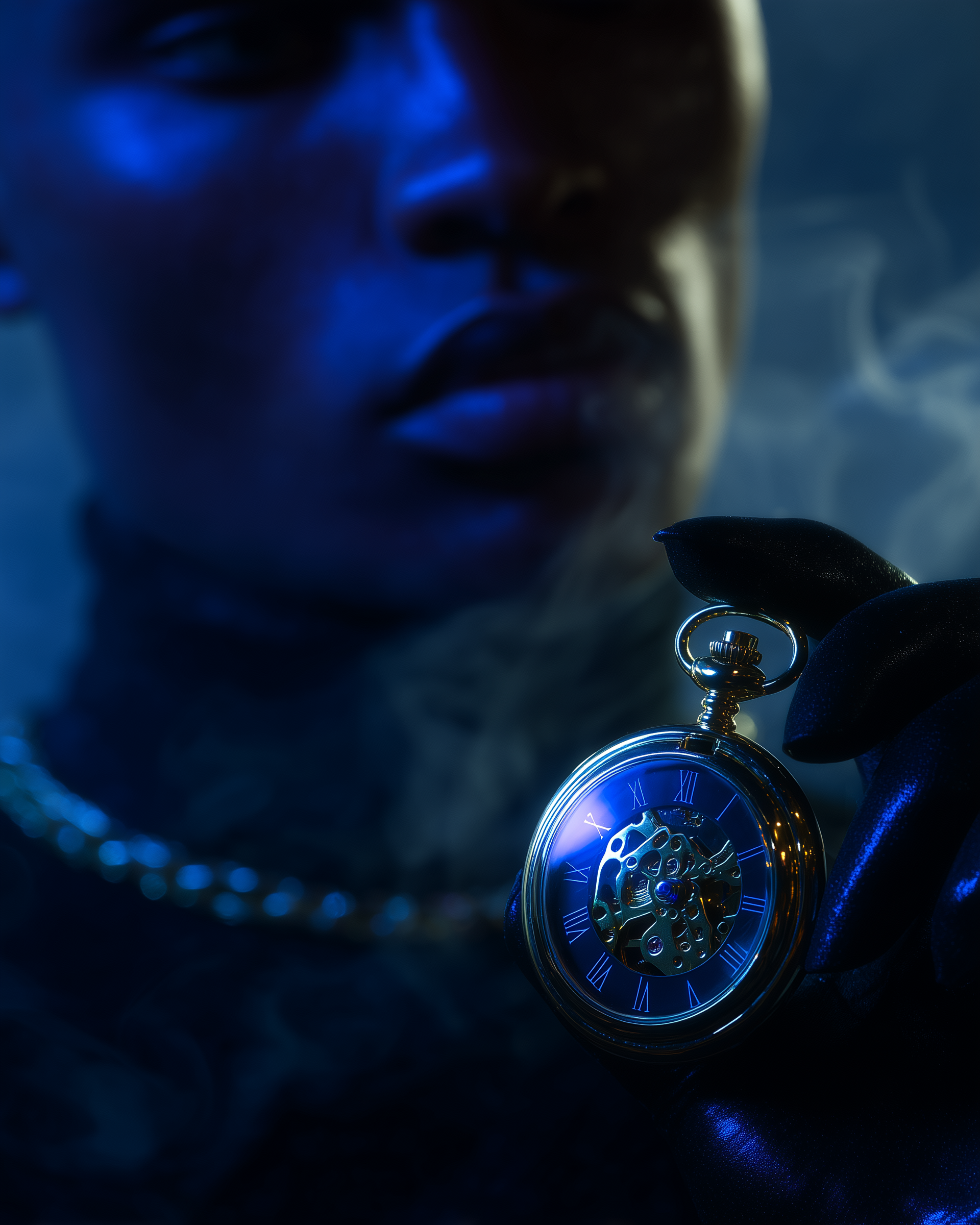 Person wearing dark gloves holding a glowing pocket watch with Roman numerals, with their face partially visible in the background.