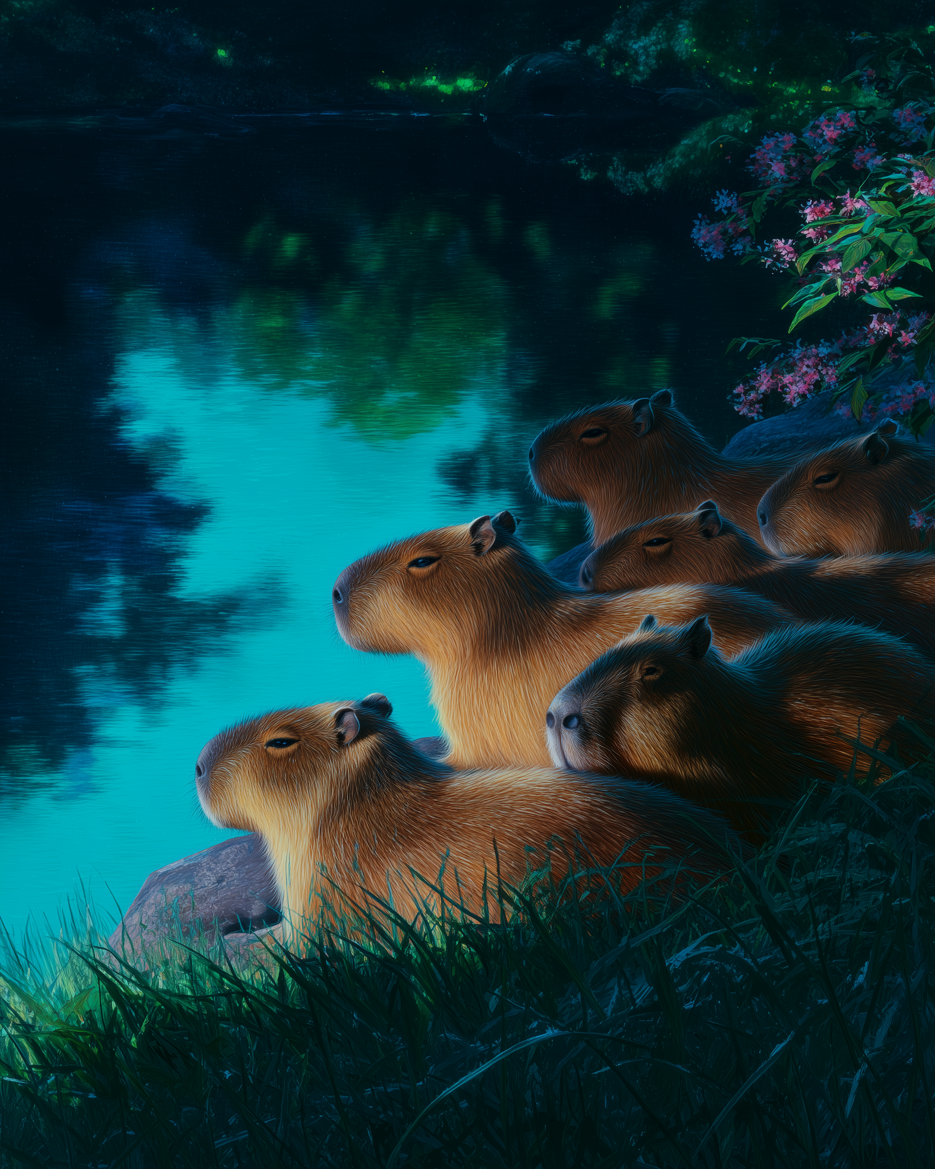 Illustration of a group of capybaras resting by a lake at dusk, with trees and pink flowers in the background.