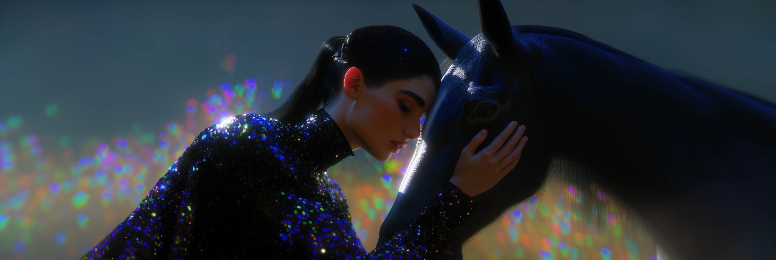 A woman with black hair, dressed in a shiny black, glittery outfit, gently touches a dark horse's face in a colorful, dreamy background.