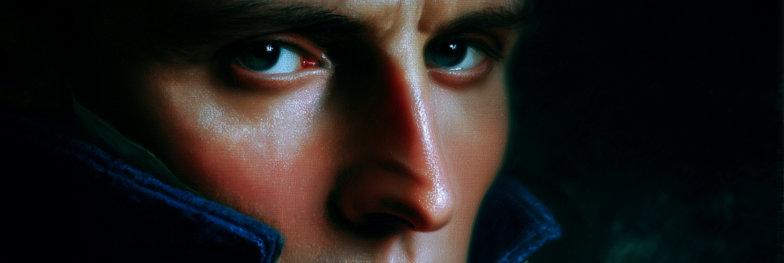 Close-up of a person's face with piercing eyes, partially covered by a high collar.