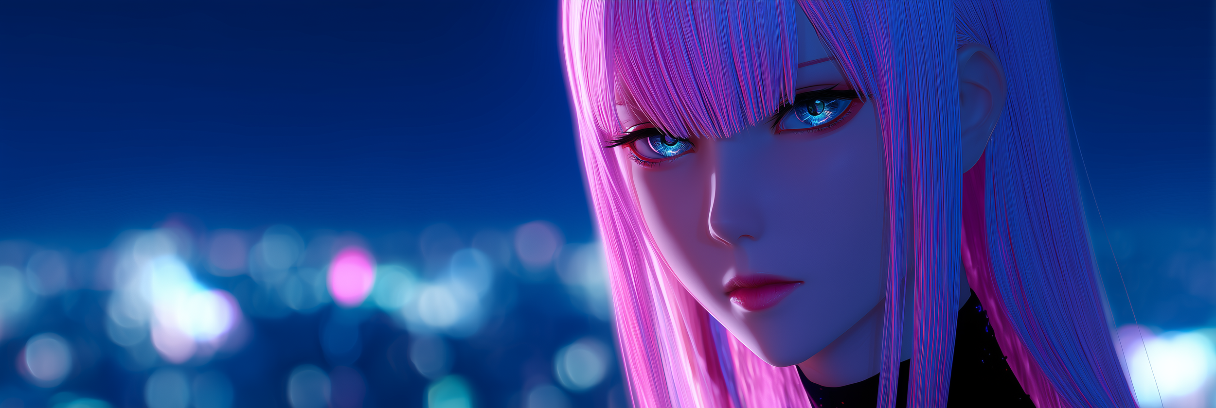 Digital artwork of a woman with long pink and purple hair, glowing blue eyes, and vivid makeup, set against a blurred cityscape background with bokeh lights.