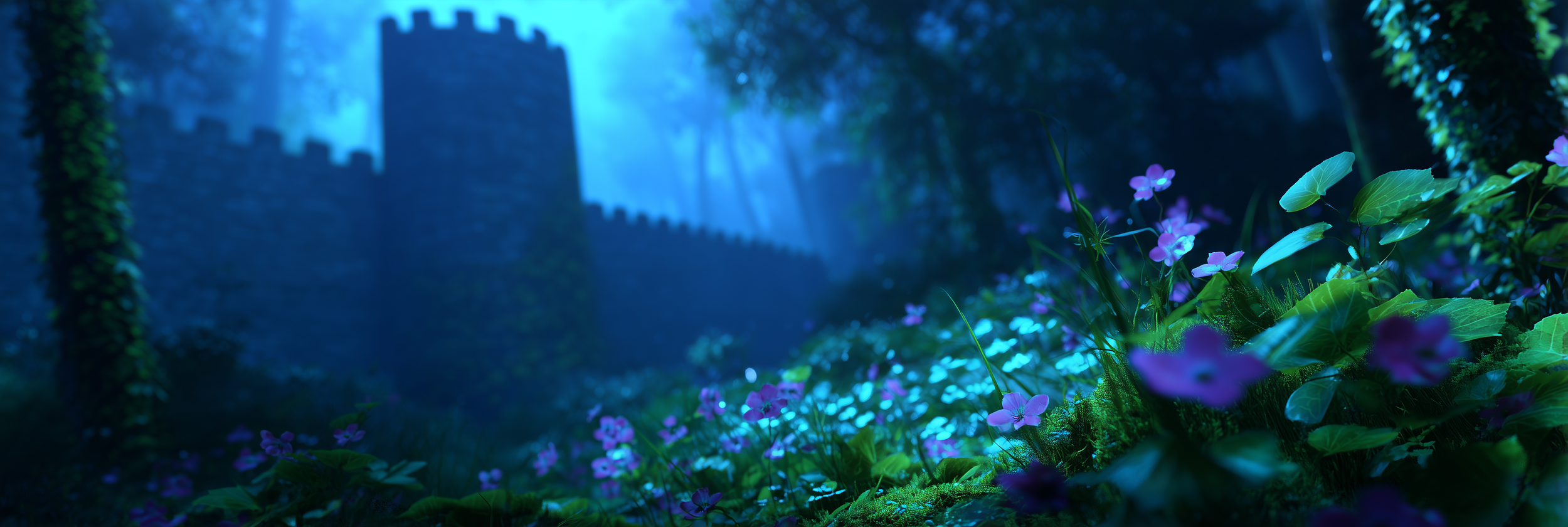 A mystical, glowing forest scene with purple flowers, lush green leaves, and a castle silhouette in the background, illuminated by blue and teal light.