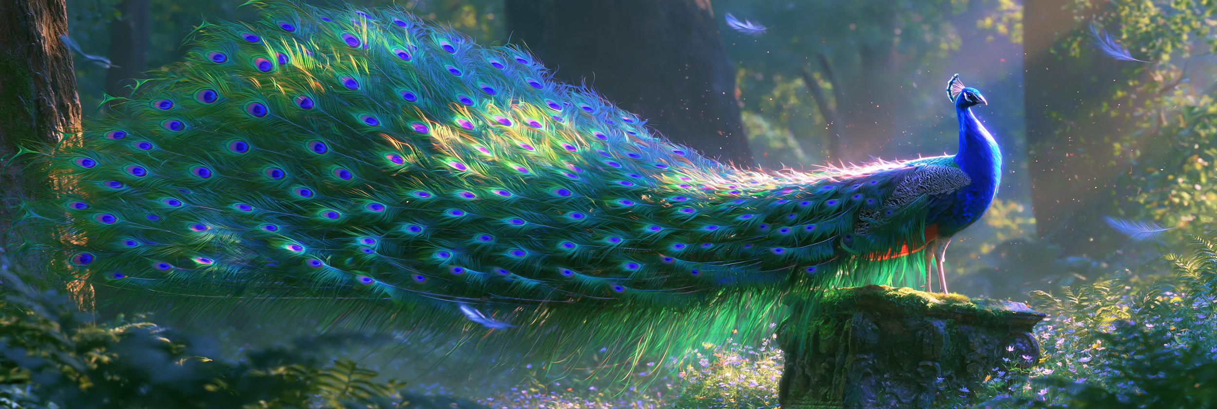 A vibrant, fantastical digital artwork of a peacock with shimmering teal and blue feathers, displaying eye patterns, standing on a mossy rock in a sun-dappled forest with glowing particles and floating feathers around.