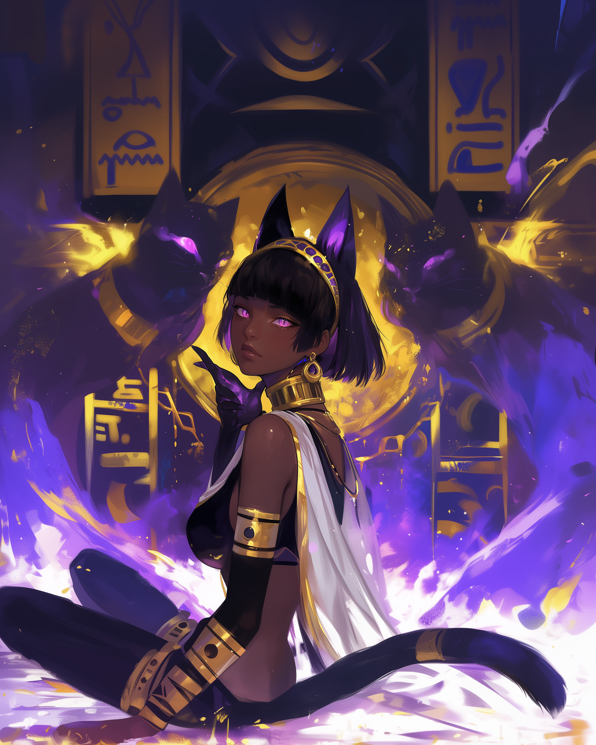 Bastet (also spelled Bast) is an ancient Egyptian goddess known for her connection to cats, protection, music, home, and fertility. She’s often shown as a beautiful woman with the head of a lioness or a domestic cat.
