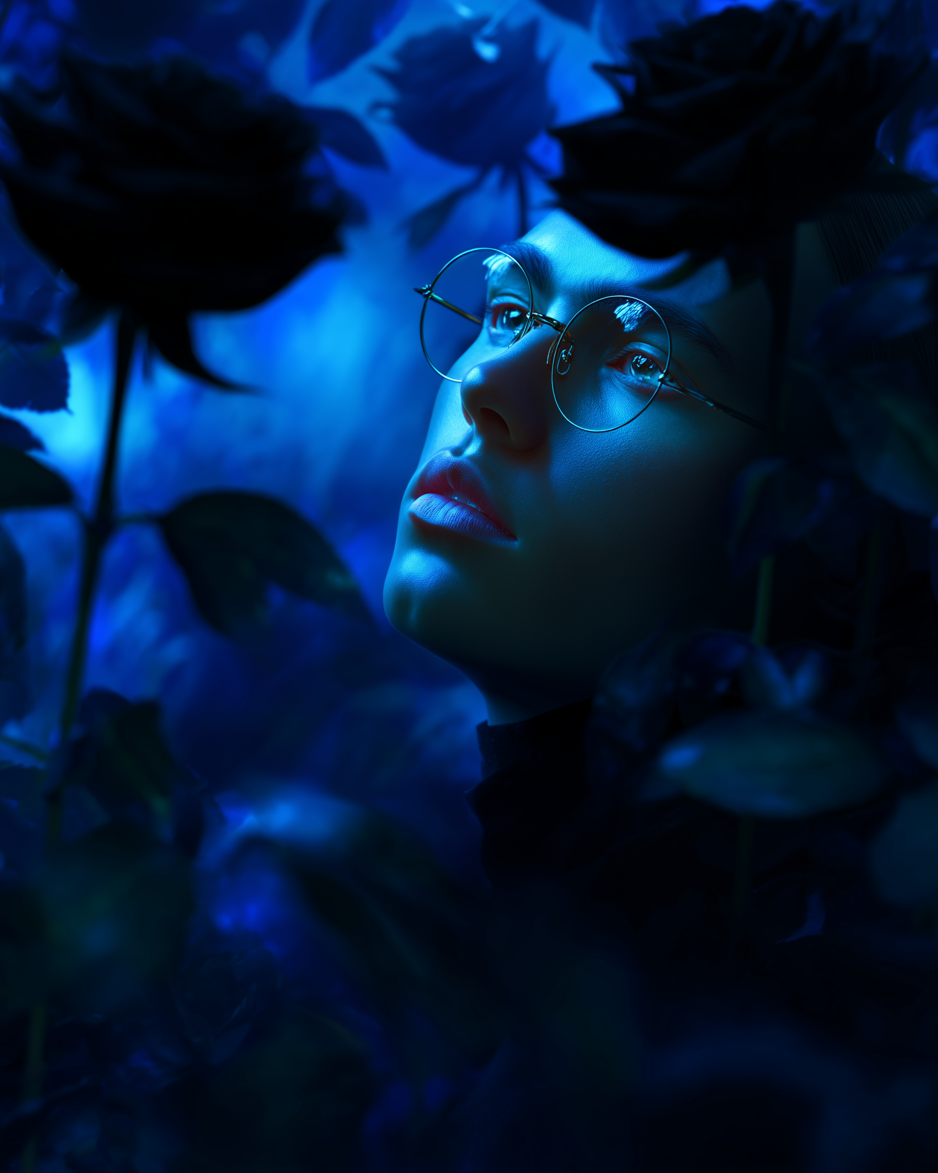 Close-up of a woman with glasses surrounded by dark leaves, illuminated by blue light.