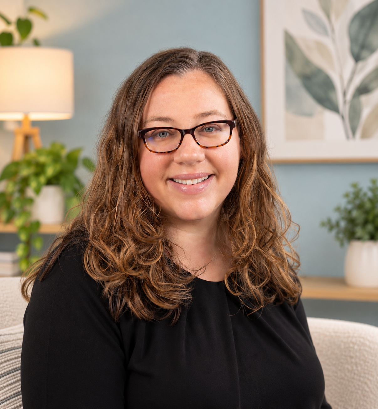 A woman with curly brown hair, wearing glasses, smiling at the camera against a plain gray background.
