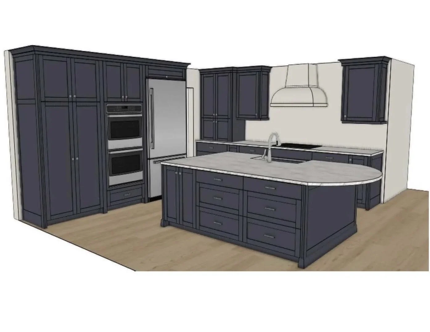 Digital rendering of a modern kitchen with navy blue cabinetry, a central island with a marble countertop, stainless steel appliances, and hardwood flooring.
