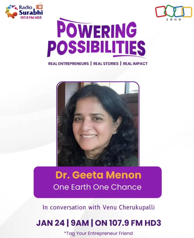 Flyer for Radio Surabhi featuring Dr. Geeta Menon, promoting an event titled "Powering Possibilities" with the theme "One Earth One Chance," scheduled for January 24th at 9 AM on 107.9 FM HD3, including a conversation with Venu Cherukupalli.
