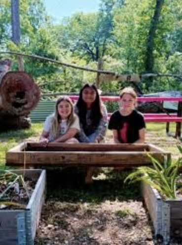 Three children sitting behind a wooden planter box in an outdoor garden, with trees and greenery in the background.