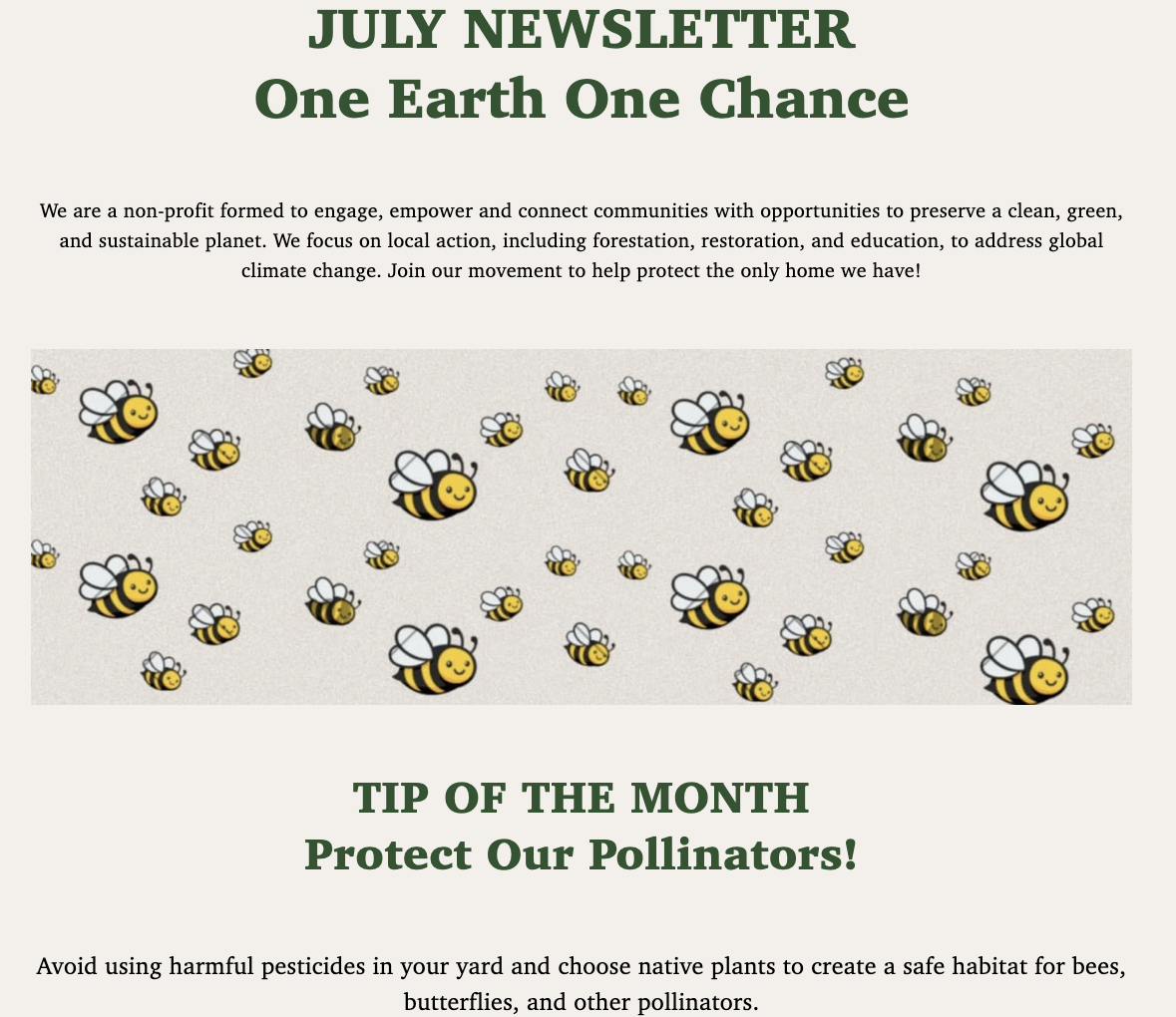 July newsletter titled 'One Earth One Chance' with a paragraph about environmental goals and an illustration of numerous smiling cartoon bees.
