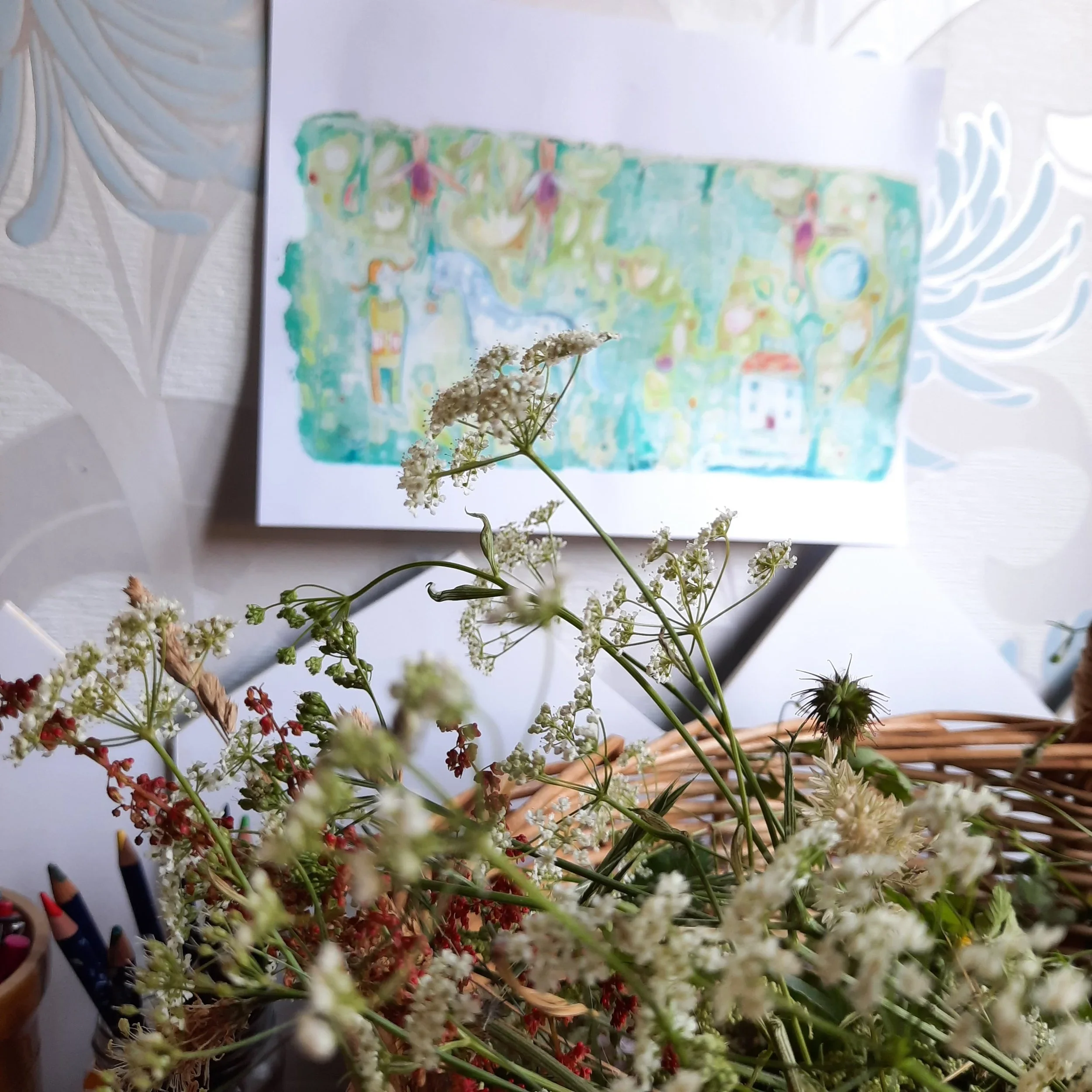 Basket containing wildflowers.