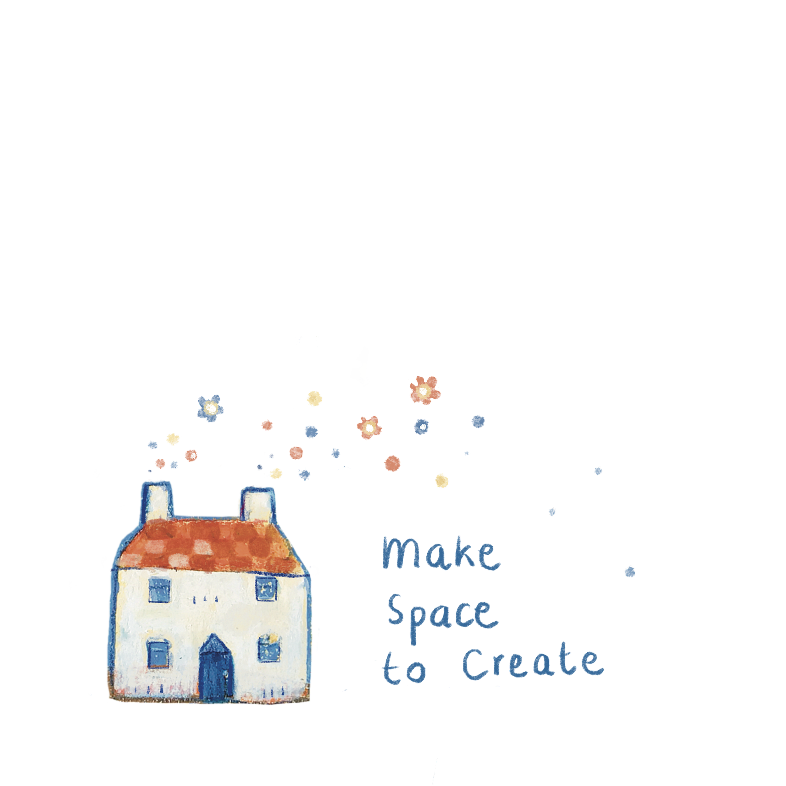 Illustration of a house with a red roof and blue window frames, accompanied by colorful flowers and the text 'make space to create' in multicolored letters.