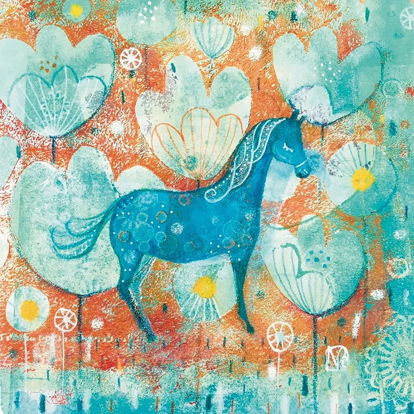 A colorful, abstract painting featuring a blue horse surrounded by floating heart-shaped flowers in shades of blue, white, and yellow on an orange background with textured details.