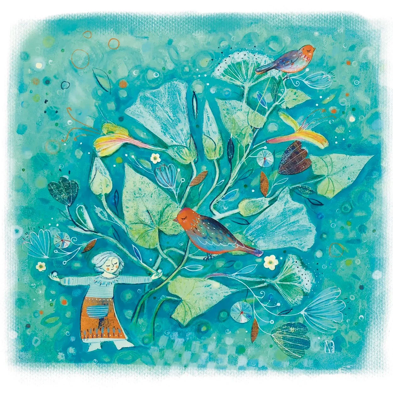 A whimsical illustration of a girl with outstretched arms standing among large, leafy plants and colorful birds in a dreamy, abstract garden scene with a blue-green background.