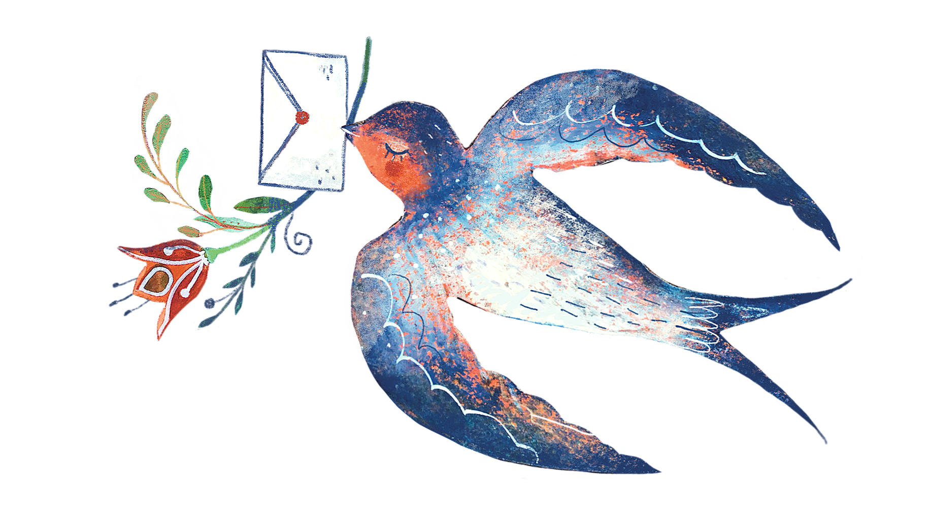 Watercolor illustration of a bird with outstretched wings holding an envelope in its beak, surrounded by botanical elements like leaves and branches.