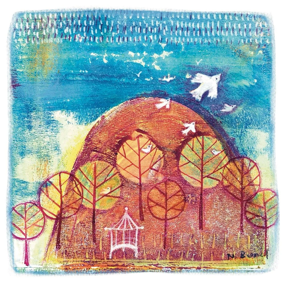 A colorful abstract painting of a nature scene with trees and birds flying in the sky, along with a small white gazebo at the bottom.